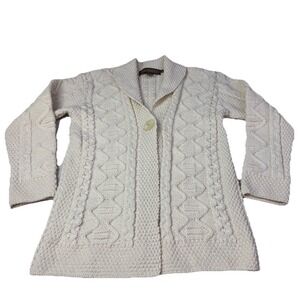 INIS‎ CRAFTS 100% MERINO WOOL HANDKNIT FISHERMEN CABLE KNIT CARDIGAN WOMENS M 3h